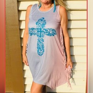 NWT: Fashion Express Western Dress Blue Cross Scroll Design & Fringe (Medium)
